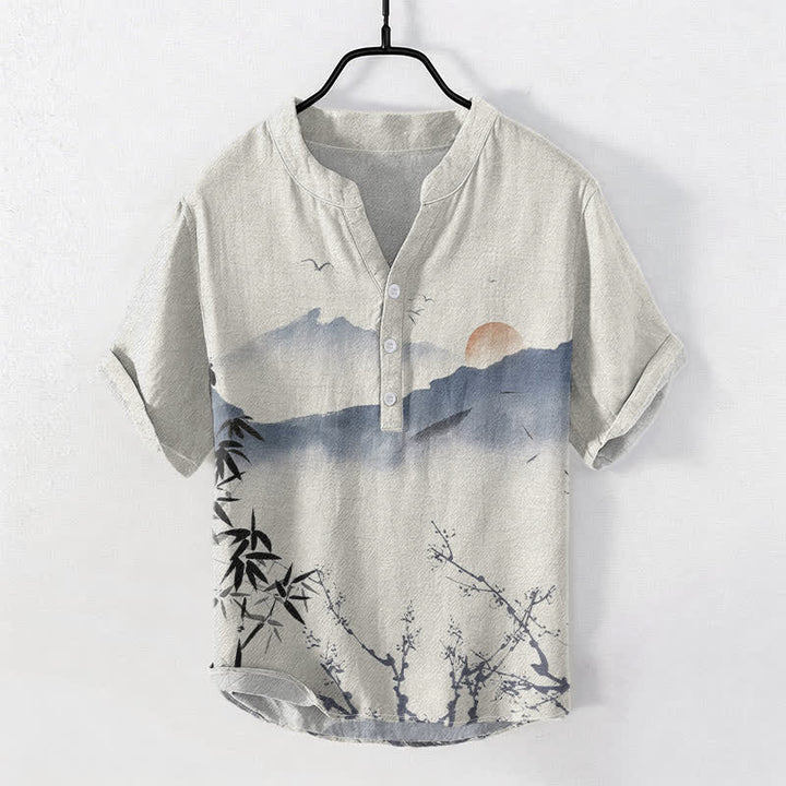 Buddha Stones コットンインク マウンテンサン柄 メンズ 半袖ハーフボタンシャツ - ベージュ - US/UK/AU50、EU60（5XL） - image 0