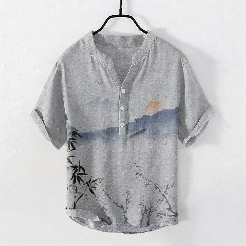Buddha Stones コットンインク マウンテンサン柄 メンズ 半袖ハーフボタンシャツ - ライトグレー - US/UK/AU50、EU60（5XL） - image 5