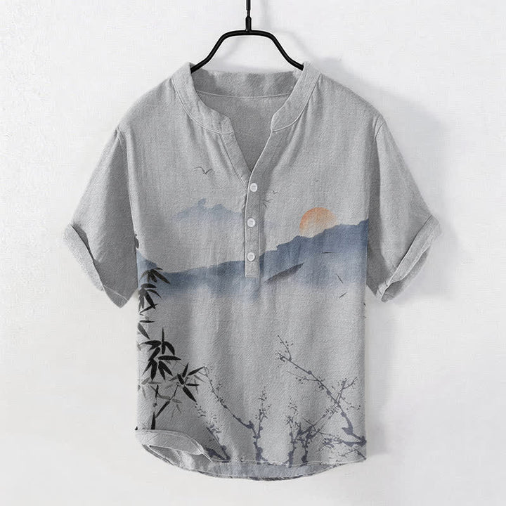 Buddha Stones コットンインク マウンテンサン柄 メンズ 半袖ハーフボタンシャツ - ライトグレー - US/UK/AU50、EU60（5XL） - image 5