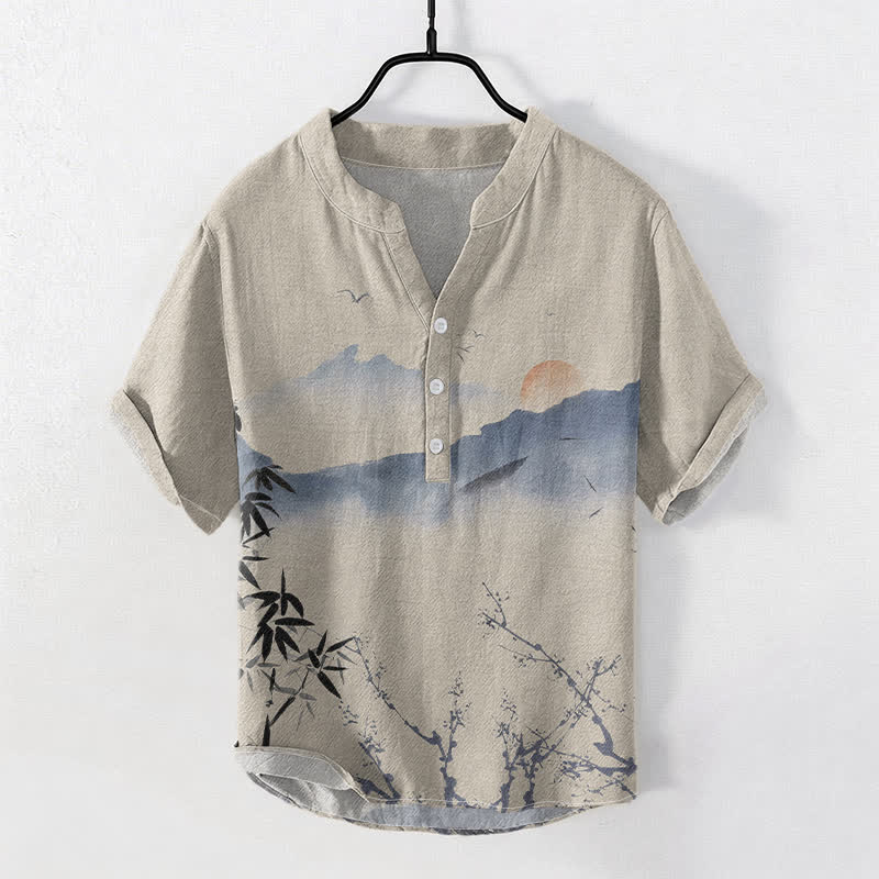 Buddha Stones コットンインク マウンテンサン柄 メンズ 半袖ハーフボタンシャツ - タン - US/UK/AU50、EU60（5XL） - image 3