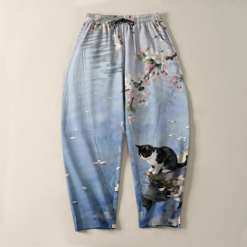 Buddha Stones 純綿桜猫水面反射柄ドローストリング付きメンズテーパードパンツ（ポケット付き） - image 2
