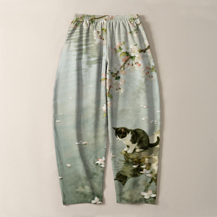 Buddha Stones 純綿桜猫水面反射柄ドローストリング付きメンズテーパードパンツ（ポケット付き） - image 10