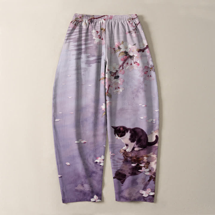 Buddha Stones 純綿桜猫水面反射柄ドローストリング付きメンズテーパードパンツ（ポケット付き） - image 14