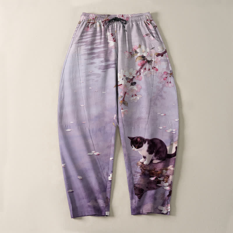 Buddha Stones 純綿桜猫水面反射柄ドローストリング付きメンズテーパードパンツ（ポケット付き） - image 13