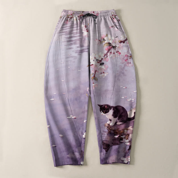 Buddha Stones 純綿桜猫水面反射柄ドローストリング付きメンズテーパードパンツ（ポケット付き） - image 13