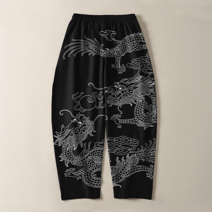 Buddha Stones 純綿製、皇帝龍柄、ドローストリング付き、ポケット付きメンズテーパードパンツ - image 3