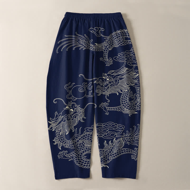 Buddha Stones 純綿製、皇帝龍柄、ドローストリング付き、ポケット付きメンズテーパードパンツ - image 10