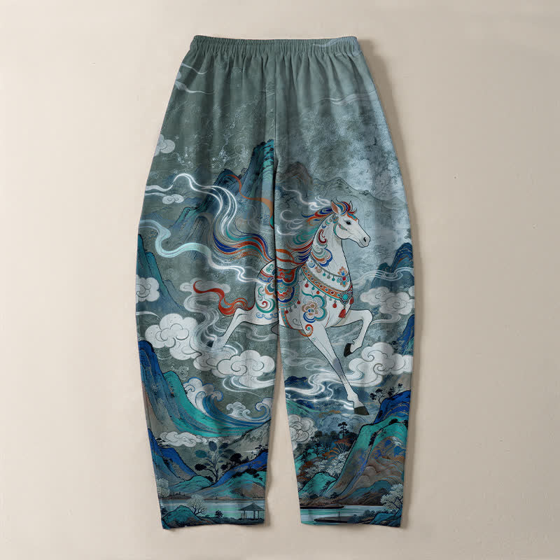 Buddha Stones 純綿素材、白馬柄、ドローストリング付き、ポケット付きメンズテーパードパンツ - image 10