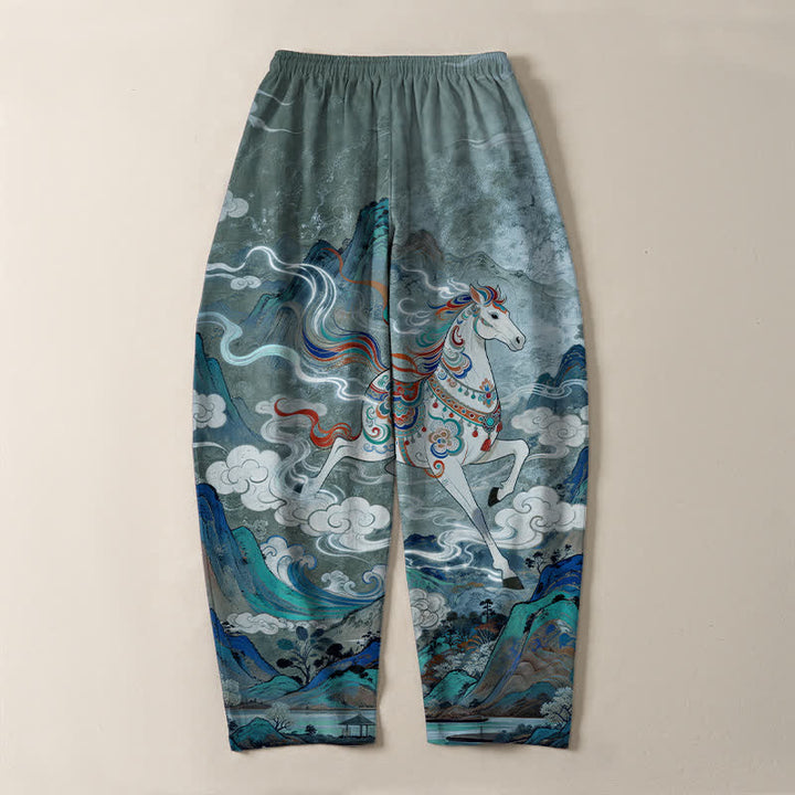 Buddha Stones 純綿素材、白馬柄、ドローストリング付き、ポケット付きメンズテーパードパンツ - image 10