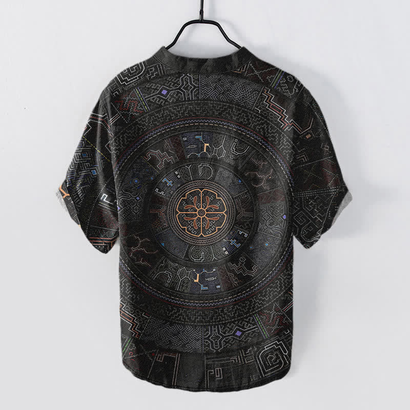 Buddha Stones コットン製トライバルマンダラ柄メンズ半袖ハーフボタンシャツ - image 1