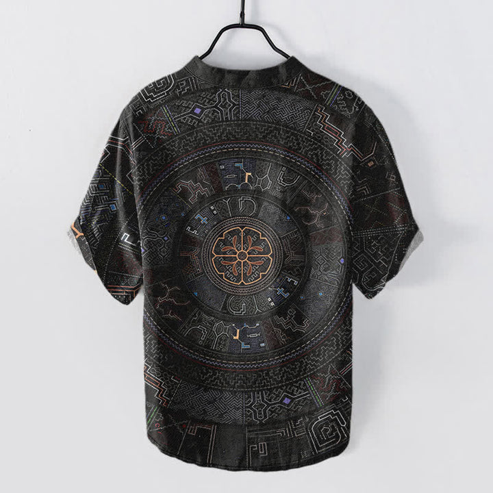Buddha Stones コットン製トライバルマンダラ柄メンズ半袖ハーフボタンシャツ - image 1