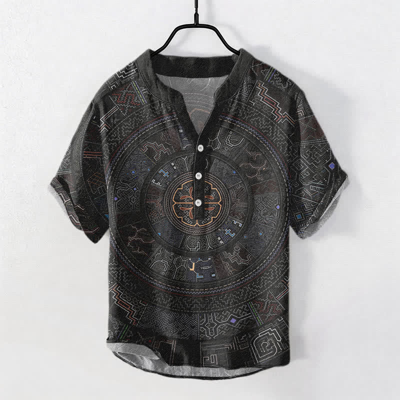Buddha Stones コットン製トライバルマンダラ柄メンズ半袖ハーフボタンシャツ - 黒 - US/UK/AU50、EU60（5XL） - image 0