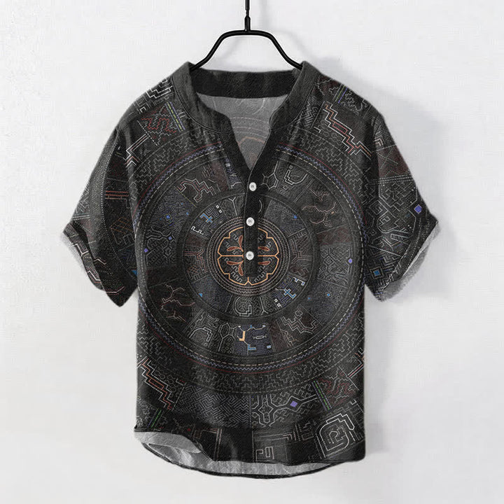 Buddha Stones コットン製トライバルマンダラ柄メンズ半袖ハーフボタンシャツ - 黒 - US/UK/AU50、EU60（5XL） - image 0