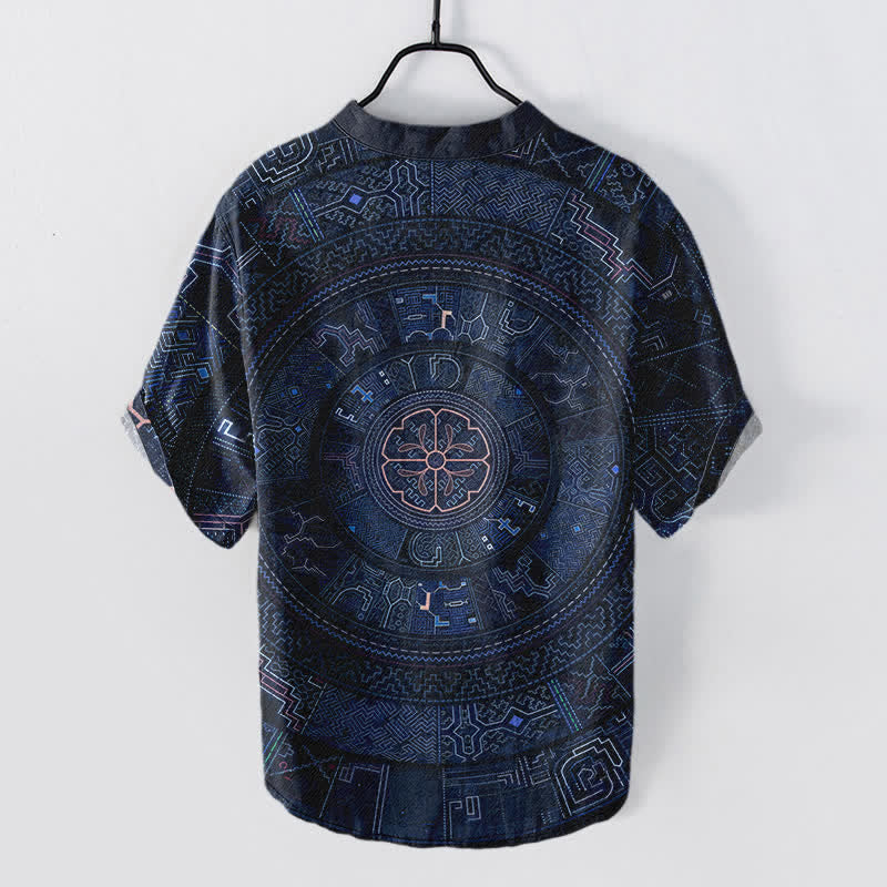 Buddha Stones コットン製トライバルマンダラ柄メンズ半袖ハーフボタンシャツ - image 6