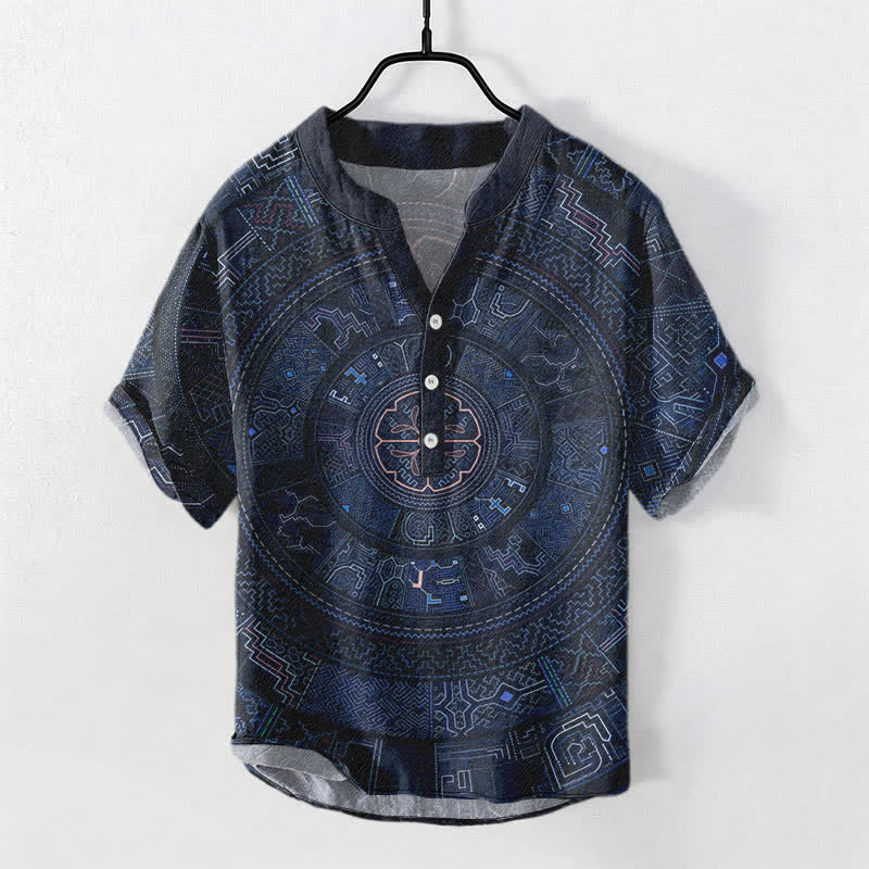 Buddha Stones コットン製トライバルマンダラ柄メンズ半袖ハーフボタンシャツ - 海軍 - US/UK/AU50、EU60（5XL） - image 5