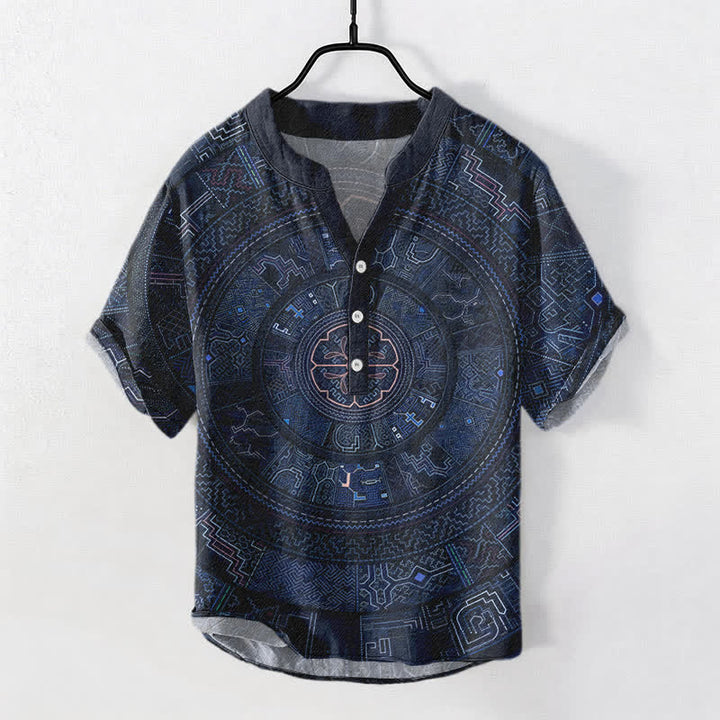 Buddha Stones コットン製トライバルマンダラ柄メンズ半袖ハーフボタンシャツ - 海軍 - US/UK/AU50、EU60（5XL） - image 5