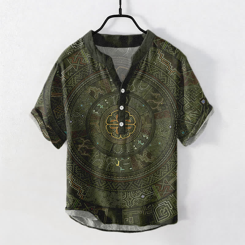 Buddha Stones コットン製トライバルマンダラ柄メンズ半袖ハーフボタンシャツ - ダークオリーブグリーン - US/UK/AU50、EU60（5XL） - image 7