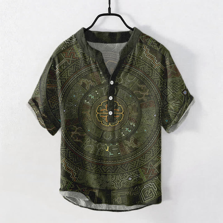 Buddha Stones コットン製トライバルマンダラ柄メンズ半袖ハーフボタンシャツ - ダークオリーブグリーン - US/UK/AU50、EU60（5XL） - image 7