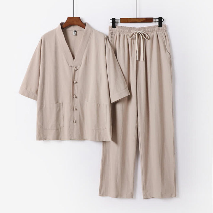 Buddha Stones 夏用唐風マンダリンカラードローストリング無地半袖シャツ＆パンツ2枚セット メンズ瞑想服 ポケット付き - バーリーウッド - US/UK/AU54、 EU64 (9XL) - image 14