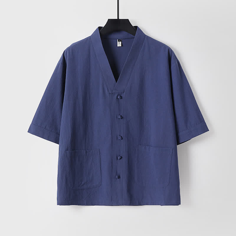 Buddha Stones 夏用唐風マンダリンカラードローストリング無地半袖シャツ＆パンツ2枚セット メンズ瞑想服 ポケット付き - image 19