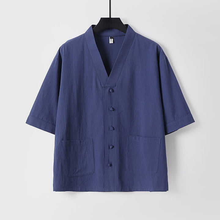 Buddha Stones 夏用唐風マンダリンカラードローストリング無地半袖シャツ＆パンツ2枚セット メンズ瞑想服 ポケット付き - image 19