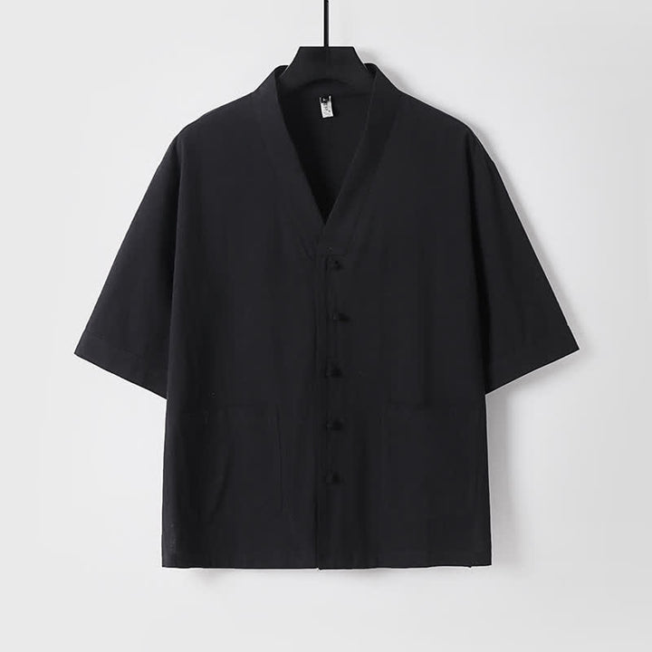 Buddha Stones 夏用唐風マンダリンカラードローストリング無地半袖シャツ＆パンツ2枚セット メンズ瞑想服 ポケット付き - image 12