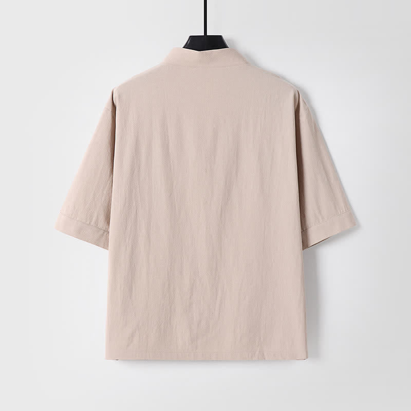 Buddha Stones 夏用唐風マンダリンカラードローストリング無地半袖シャツ＆パンツ2枚セット メンズ瞑想服 ポケット付き - image 16