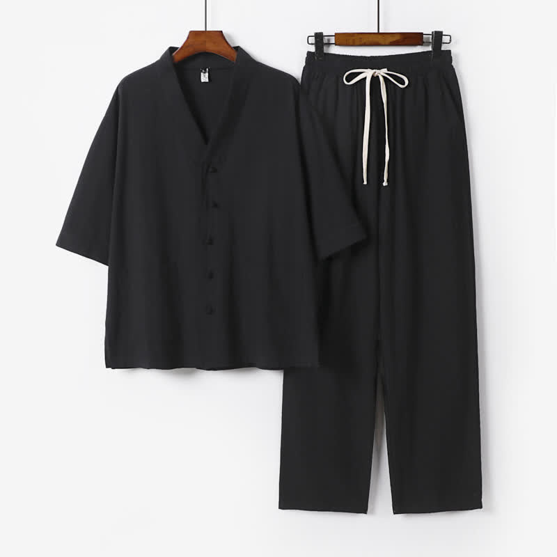 Buddha Stones 夏用唐風マンダリンカラードローストリング無地半袖シャツ＆パンツ2枚セット メンズ瞑想服 ポケット付き - 黒 - US/UK/AU54、 EU64 (9XL) - image 11
