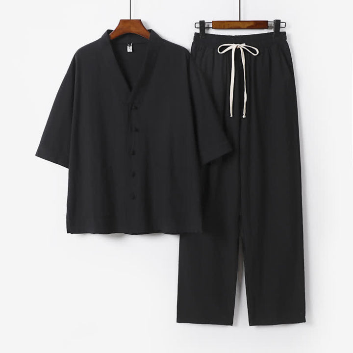 Buddha Stones 夏用唐風マンダリンカラードローストリング無地半袖シャツ＆パンツ2枚セット メンズ瞑想服 ポケット付き - 黒 - US/UK/AU54、 EU64 (9XL) - image 11