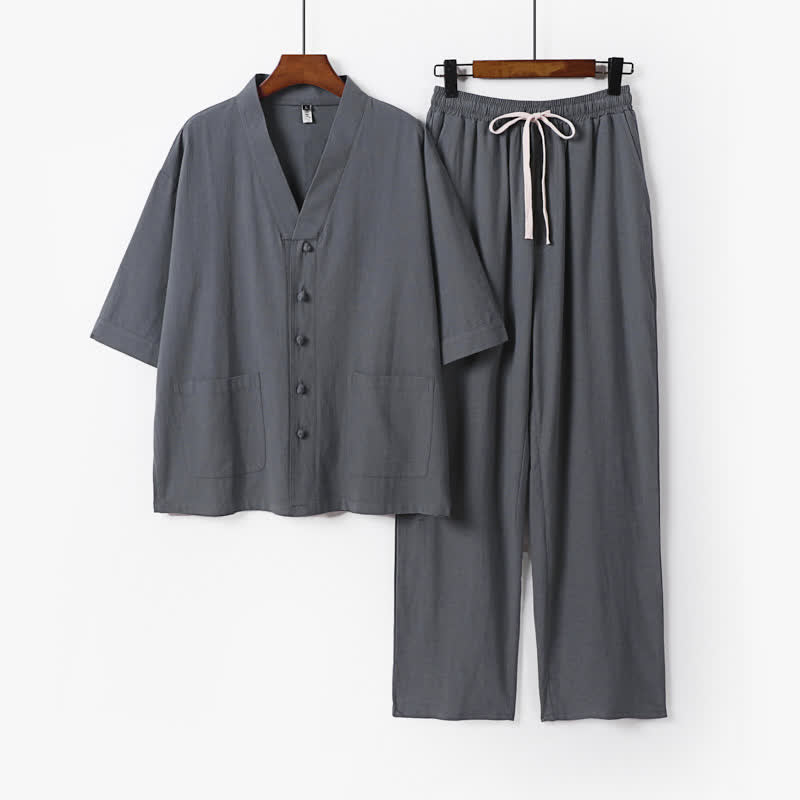 Buddha Stones 夏用唐風マンダリンカラードローストリング無地半袖シャツ＆パンツ2枚セット メンズ瞑想服 ポケット付き - スレートグレー - US/UK/AU54、 EU64 (9XL) - image 8