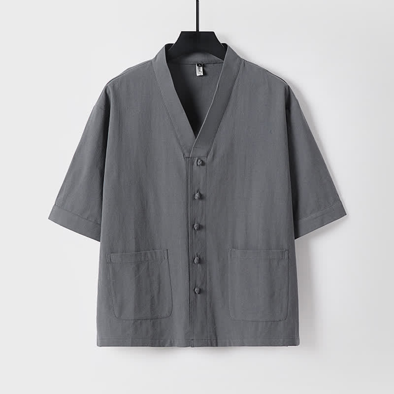 Buddha Stones 夏用唐風マンダリンカラードローストリング無地半袖シャツ＆パンツ2枚セット メンズ瞑想服 ポケット付き - image 9
