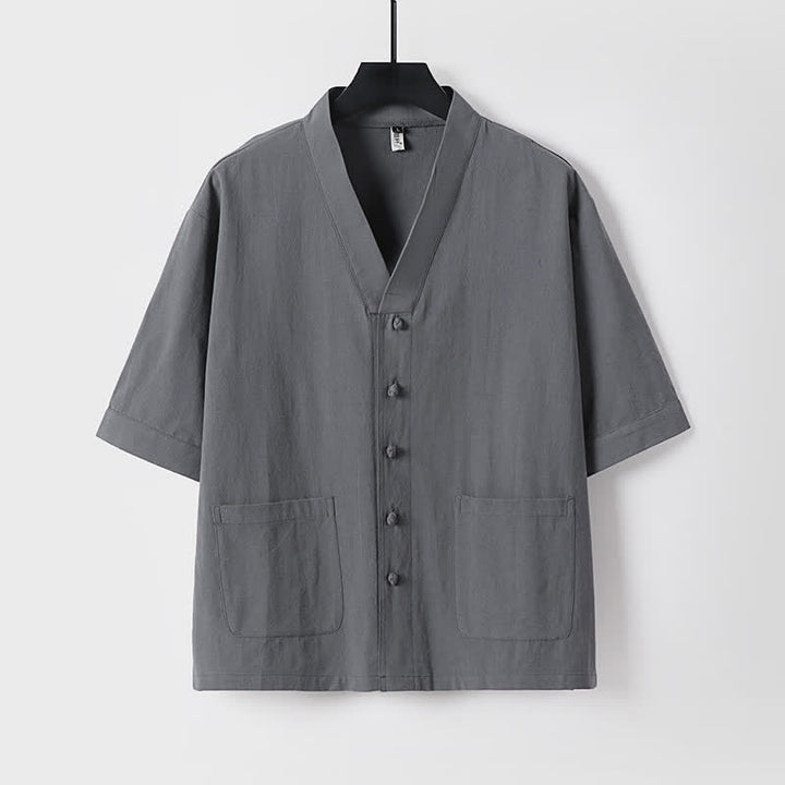 Buddha Stones 夏用唐風マンダリンカラードローストリング無地半袖シャツ＆パンツ2枚セット メンズ瞑想服 ポケット付き - image 9
