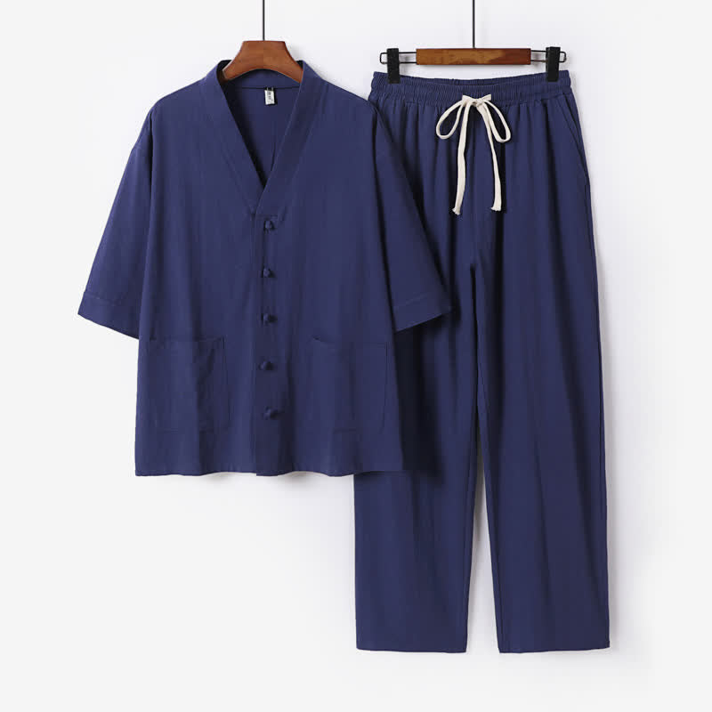 Buddha Stones 夏用唐風マンダリンカラードローストリング無地半袖シャツ＆パンツ2枚セット メンズ瞑想服 ポケット付き - ミッドナイトブルー - US/UK/AU54、 EU64 (9XL) - image 18