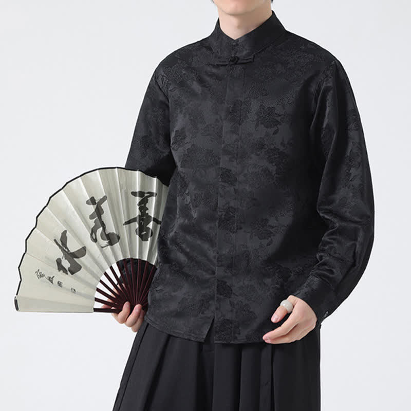 Buddha Stones 秋のエレガントな唐草風マンダリンカラー花柄メンズ長袖シャツ - 黒 - US/UK/AU44、 EU54 (4XL) - image 0