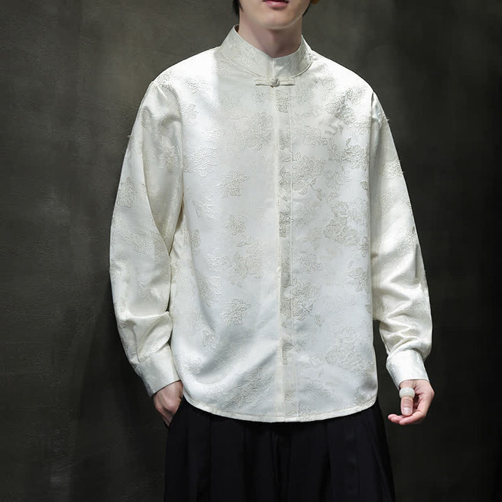 Buddha Stones 秋のエレガントな唐草風マンダリンカラー花柄メンズ長袖シャツ - 白 - US/UK/AU44、 EU54 (4XL) - image 13