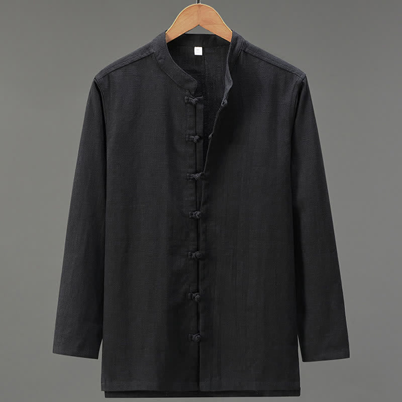 Buddha Stones 春のカジュアルスタイル　唐草風　カエルボタン　無地　メンズ長袖シャツ - 黒 - US/UK/AU42、 EU52 (3XL) - image 11
