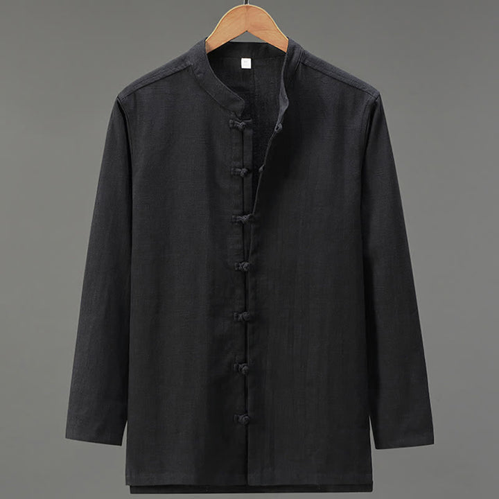 Buddha Stones 春のカジュアルスタイル　唐草風　カエルボタン　無地　メンズ長袖シャツ - 黒 - US/UK/AU42、 EU52 (3XL) - image 11