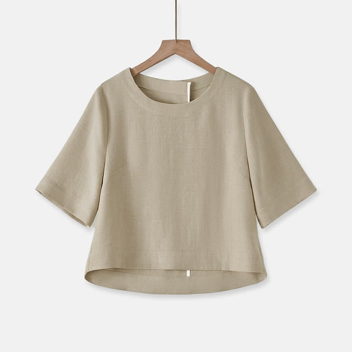 Buddha Stones 夏物カジュアルミニマリストクルーネック無地クロップド丈レディース半袖Tシャツ - タン - US12, UK/AU16, EU44 （2XL） - image 0
