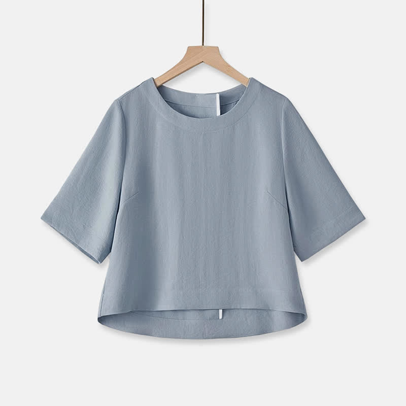 Buddha Stones 夏物カジュアルミニマリストクルーネック無地クロップド丈レディース半袖Tシャツ - ライトスチールブルー - US12, UK/AU16, EU44 （2XL） - image 15