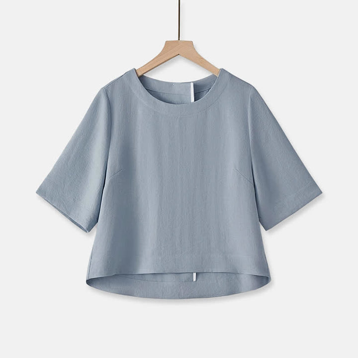 Buddha Stones 夏物カジュアルミニマリストクルーネック無地クロップド丈レディース半袖Tシャツ - ライトスチールブルー - US12, UK/AU16, EU44 （2XL） - image 15