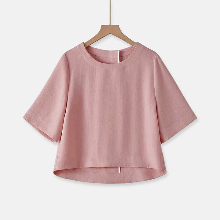 Buddha Stones 夏物カジュアルミニマリストクルーネック無地クロップド丈レディース半袖Tシャツ - ライトピンク - US12, UK/AU16, EU44 （2XL） - image 8
