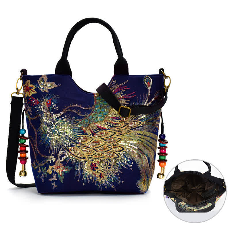 Buddha Stonesと孔雀の両面刺繍トートバッグ、ショルダーバッグ、クロスボディバッグ - image 1