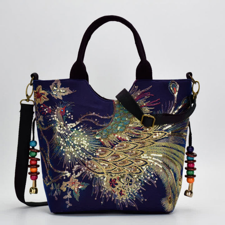 Buddha Stonesと孔雀の両面刺繍トートバッグ、ショルダーバッグ、クロスボディバッグ - image 3