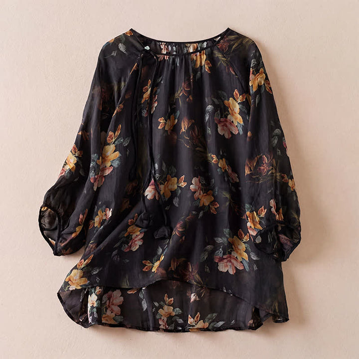 Buddha Stones 春夏向けボヘミアン風ドローストリング花柄レディース長袖シャツ - 黒 - US12, UK/AU16, EU44 （2XL） - image 5