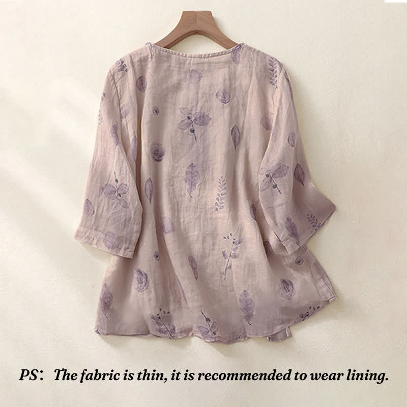 Buddha Stones刺繍デザイン 葉っぱ柄 レディース 七分袖シャツ - image 1