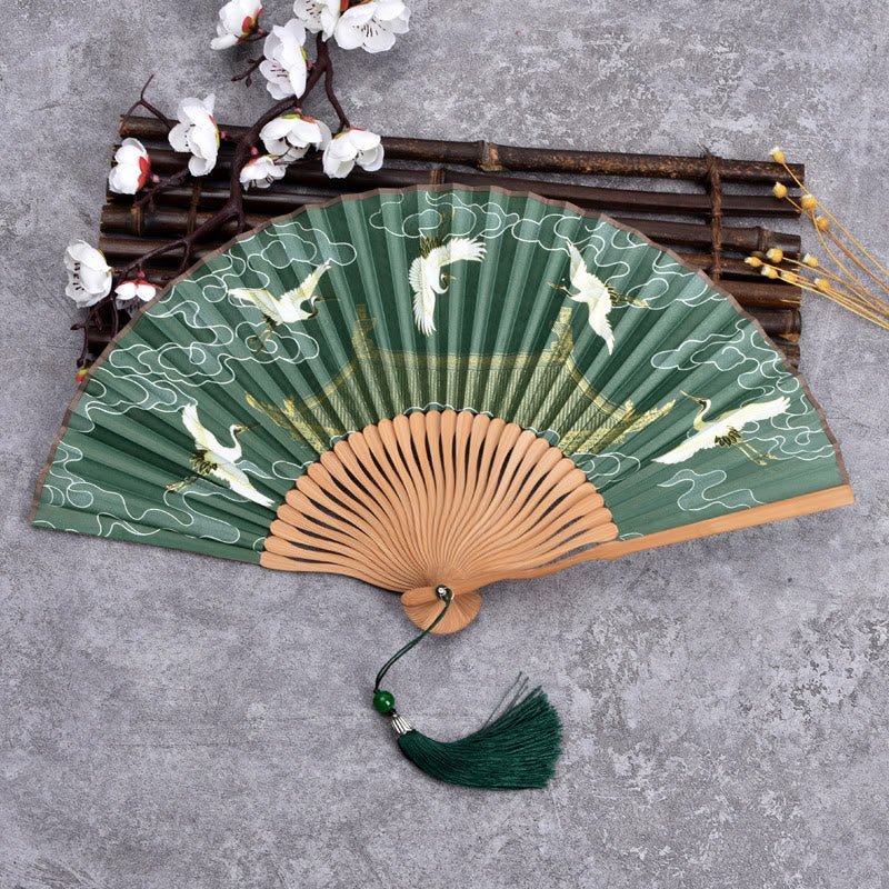 Buddha Stonesヴィンテージ雲鶴柄手持ち竹扇子 - ダークグリーン - image 1