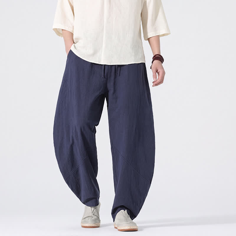Buddha Stones 春夏カジュアルミニマリストドローストリング無地リネンロングパンツメンズストレートレッグパンツポケット付き - image 11