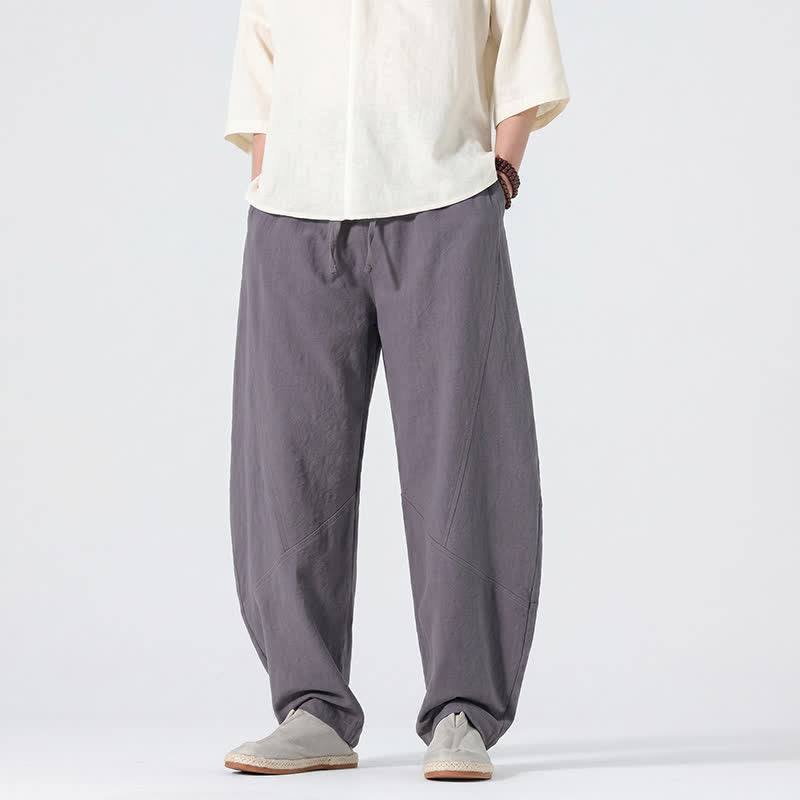 Buddha Stones 春夏カジュアルミニマリストドローストリング無地リネンロングパンツメンズストレートレッグパンツポケット付き - image 3