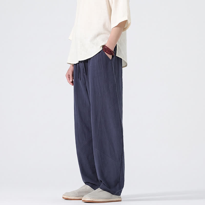 Buddha Stones 春夏カジュアルミニマリストドローストリング無地リネンロングパンツメンズストレートレッグパンツポケット付き - image 13