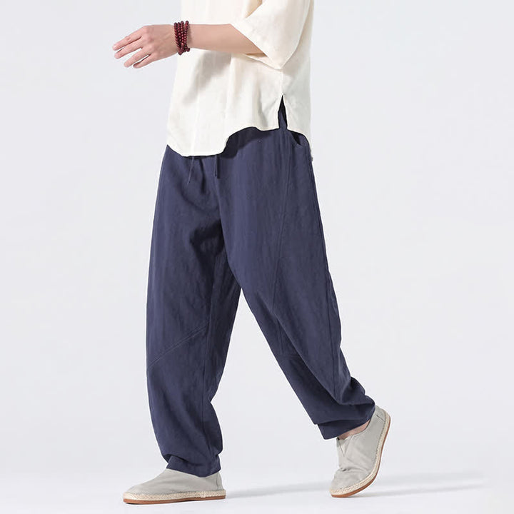 Buddha Stones 春夏カジュアルミニマリストドローストリング無地リネンロングパンツメンズストレートレッグパンツポケット付き - image 12